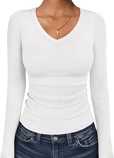 ANRABESS Long Sleeve Shirts for Women V Neck Ribbed Knit Fitted Fall Basic Tshirts Going Out Tops 2026 Casual Trendy Clothes
