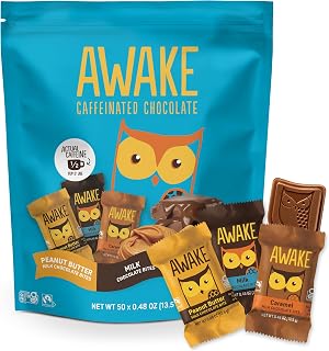 AWAKE - Caffeinated Chocolate Bites - 50mg Caffeine - Variety Pack (3 Flavors), 50 pieces - Peanut Butter, Milk, & Caramel - Energy Bites - Coffee Alternative - Fairtrade, Gluten Free, Non GMO - 0.48oz