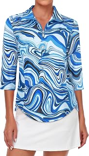 Tanst Sky Womens Golf Polo Shirts Zipper 3/4 Sleeve Moisture Wicking Tops UPF 50+ Workout Tennis Apparel