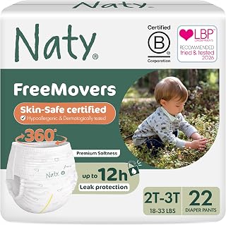 Naty FreeMovers Pull Up Training Pants, Size 4, 2T-3T, (18–33 lbs), 22 Ct. | For Sensitive Skin, Hypoallergenic Potty Training Underwear, Up to 12 Hours Leak Protection, Fragrance-Free, Stretchy comfort
