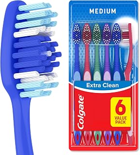 Colgate Extra Clean Medium Toothbrushes, 6 Pack | Bulk Size, Medium Bristles, Extra Clean, Easy Grip Handle, Removes Plaque