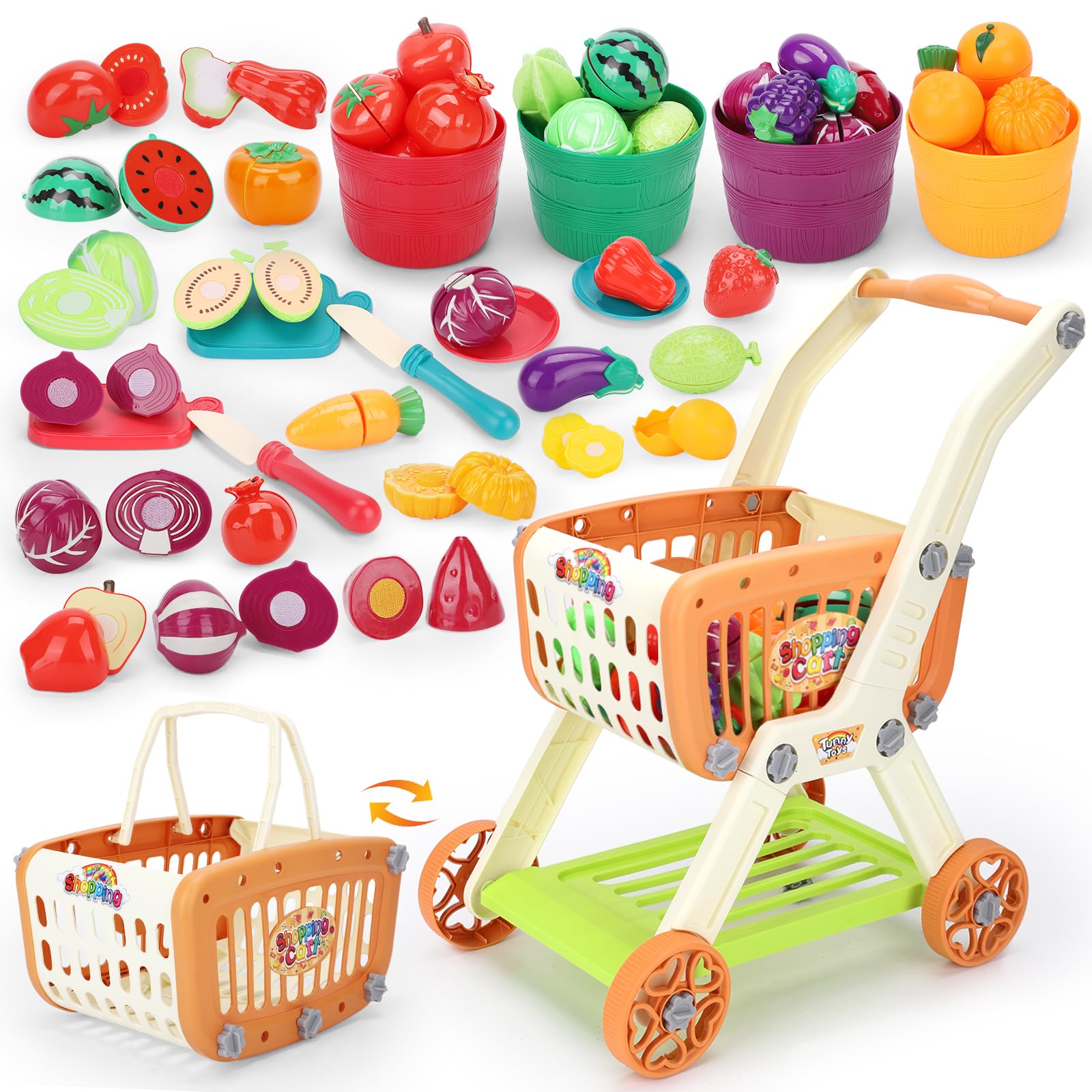 Kids Shopping Cart with Cutting Play Food Set for Kid Kitchen, 2 in 1 Shopping C
