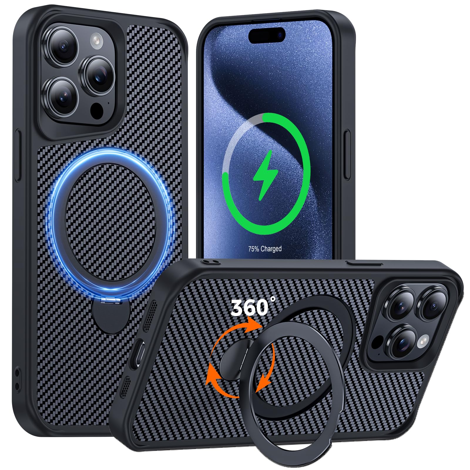 FlyReal Designed for iPhone 15 Pro Max Case with 360° Magnetic Stand, Black