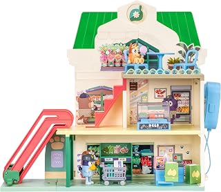 Bluey and Bingo Supermarket Playset, Escalator & Sounds, 15 Pieces | 3 interactive levels, rooftop café, 24 sound effects, exclusive Bingo & Bluey figures; pretend play for kids ages 3+