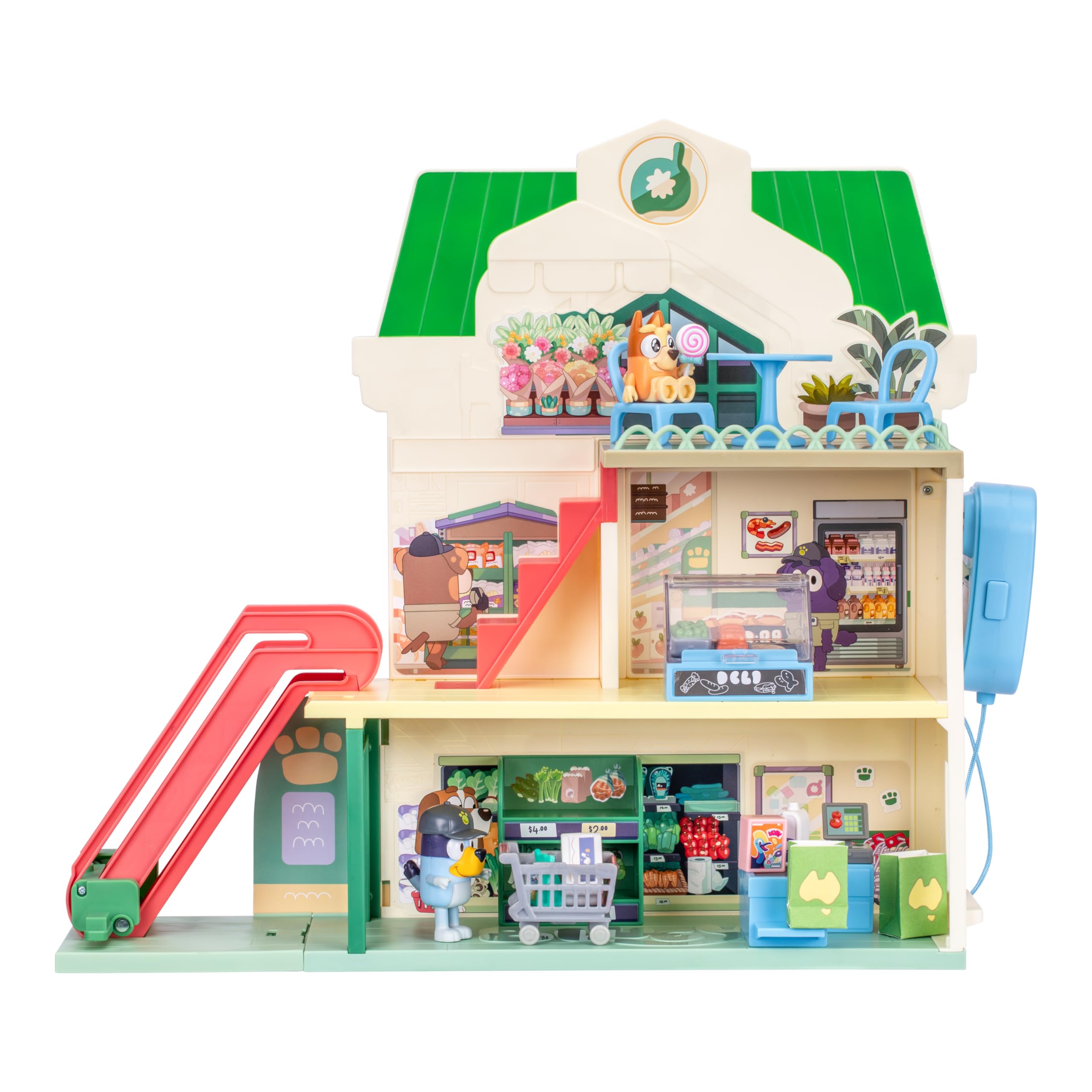 Bluey and Bingo Supermarket Playset, Escalator & Sounds, 15 Pieces | 3 interacti