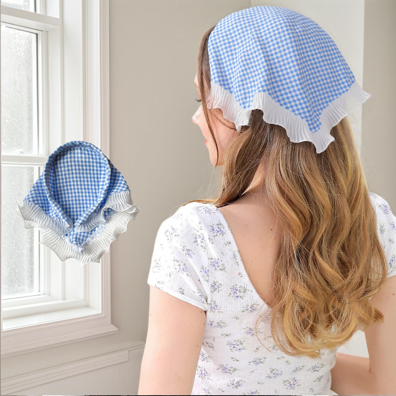 Chiffon Hair Scarf with Hair Clip for Women Blue Red Purple Plaid