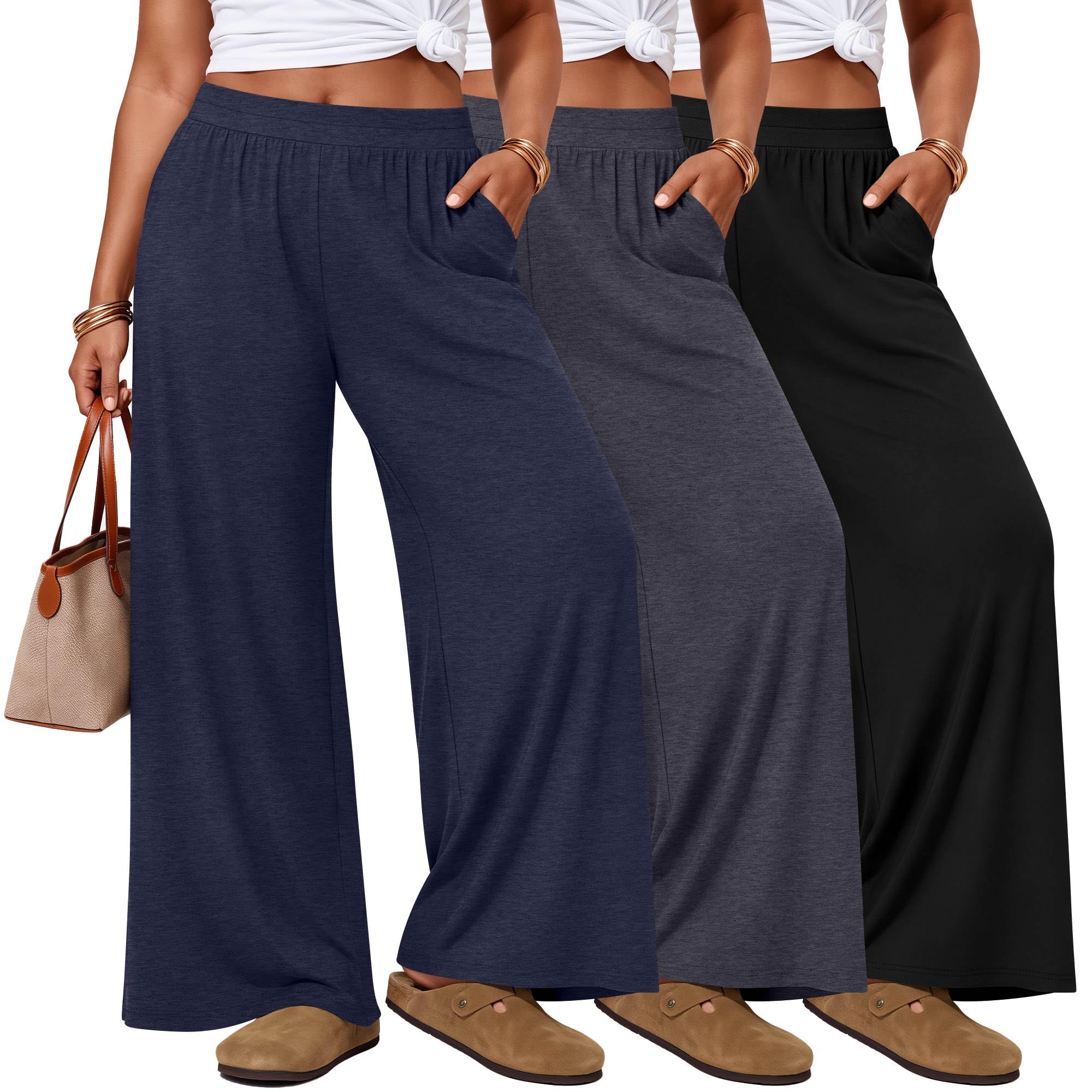 Evervibe 3 Pack Women's Plus Size Pants Wide Leg Lounge Pants