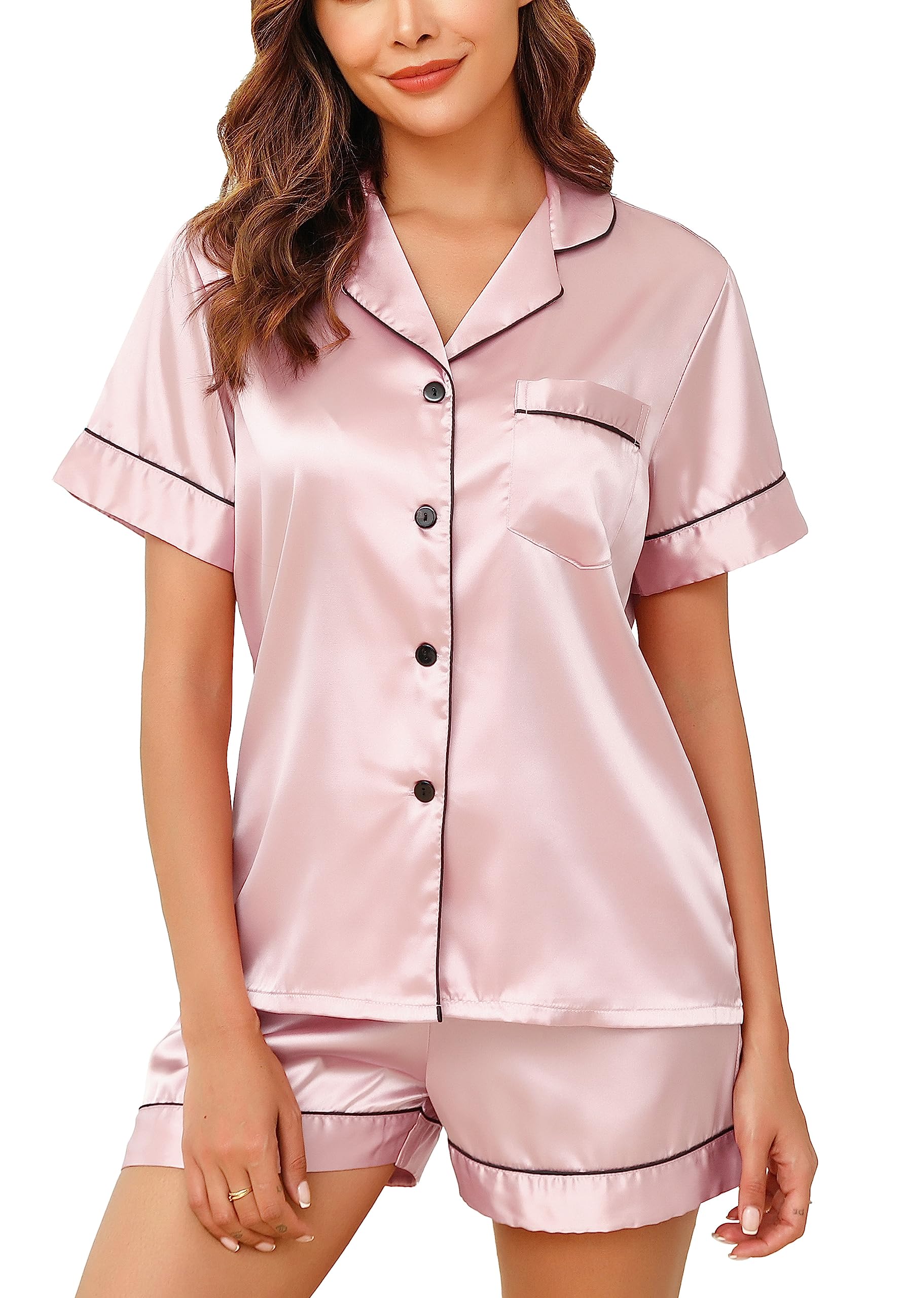 Vlazom Women's Pyjamas Summer Short Pyjamas 2 Pieces with Short Sleeves Open Fro