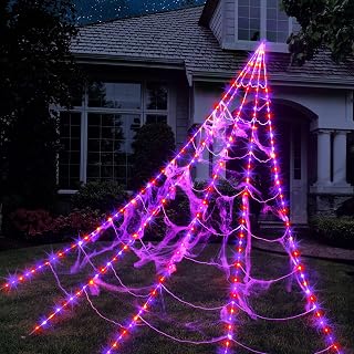 Halloween Spider Web Lights 250 LED Giant 16.4Ft Purple & Orange Multicolor Waterproof & Timer for Outdoor Indoor Yard Haunted House Decor