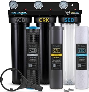 PRO+AQUA Elite Series GEN2 PRO-100-E 3-Stage Whole House Water Filtration System for City & Well Water with Pressure Gauges | Reduces Contaminants, Sediment, Chemicals, Heavy Metals, with 1” Ports