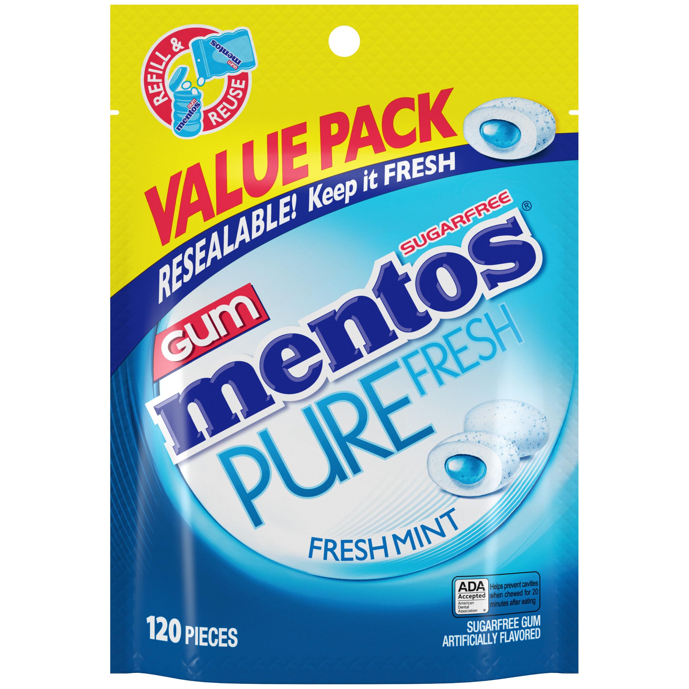 Mentos Pure Fresh Sugar Free Gum With Xylitol, Fresh Mint, 120 Piece Bag | Chewi