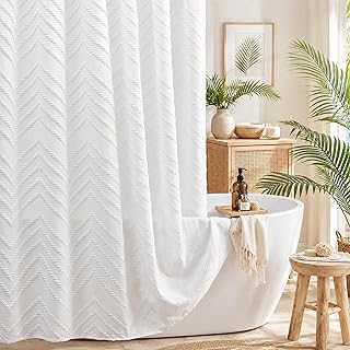 White Boho Fabric Shower Curtain 72 x 72 Inches, Modern Shabby Chic Textured Tufted Chevron Striped Minimalist Cloth Bathroom Shower Curtain