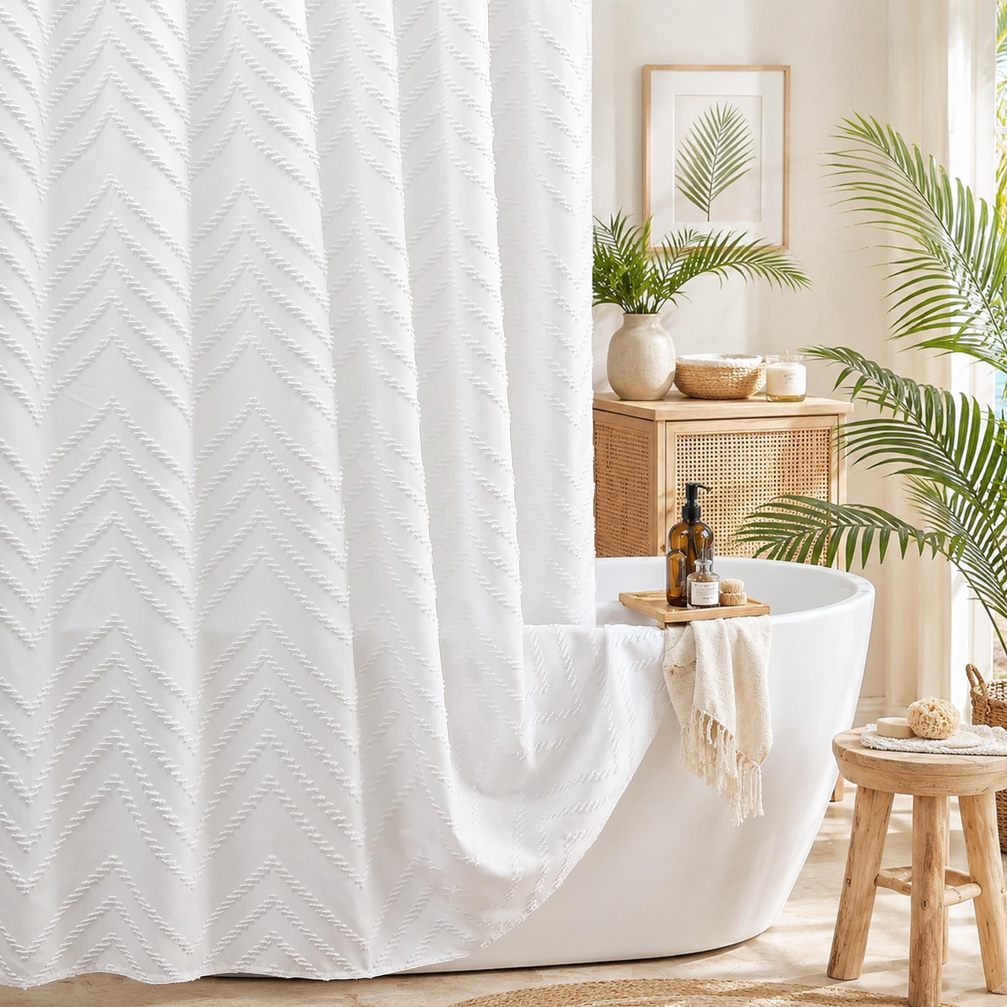 White Boho Fabric Shower Curtain 72 x 72 Inches, Modern Shabby Chic Textured Tuf