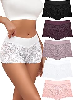 ALL OF SHE Sexy Women's Underwear Lace Boy Shorts Cheeky Breathable Panties Stretch Cotton Waistband Underwear Women 5 Pack