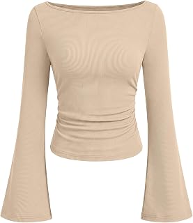 ANRABESS Women Bell Long Sleeve Shirts Boat Neck Top