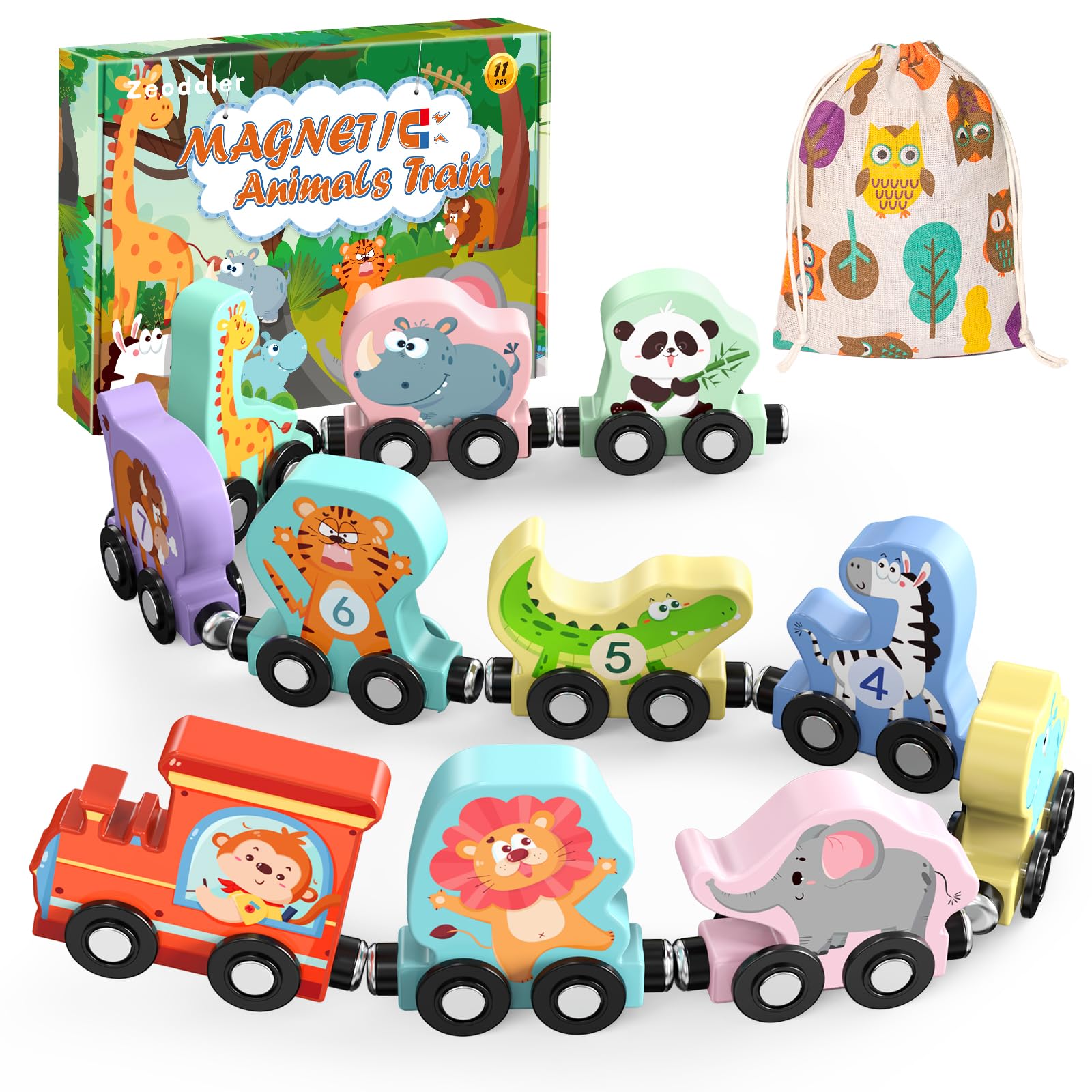 Zeoddler Toys for Toddlers, 11 Magnetic Wooden Animals Train Set, Montessori Toy