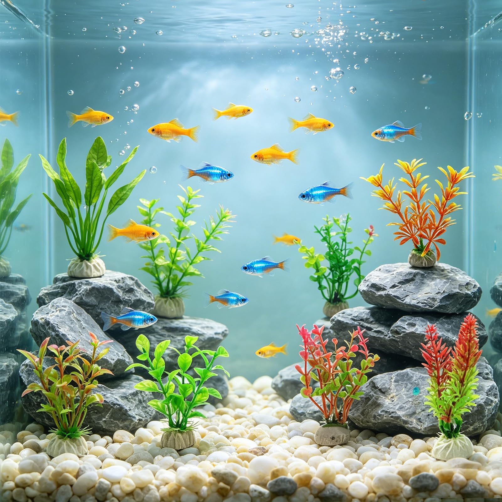 10 Pcs Colorful Plastic Fish Tank Artificial Plants with Ceramic Base, Realistic