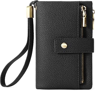 SENDEFN Women's Medium Wallet Leather Trifold RFID Blocking Wallet for Women with Card Slots, Coin Pocket and Removable Wrist Strap, Black, Vintage