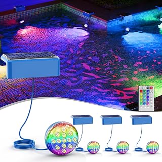 Quntis 4PCS RGB Solar Pool Lights, Underwater LED Lights with Remote, Color Changing Pool Light with 16 Colors, IP68 Waterproof Submersible Light with Timer, Outdoor Solar Lights for Hut Pond