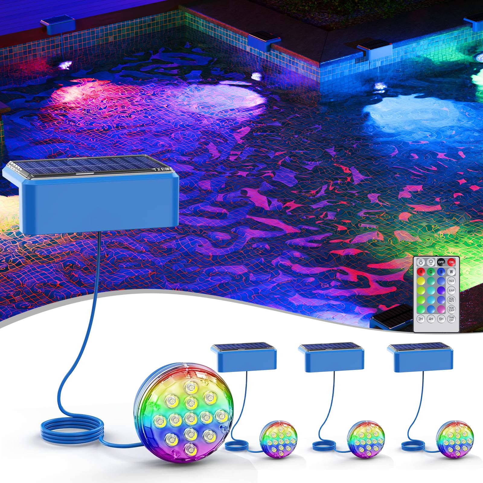 Quntis 4PCS RGB Solar Pool Lights, Underwater LED Lights with Remote, Color Chan