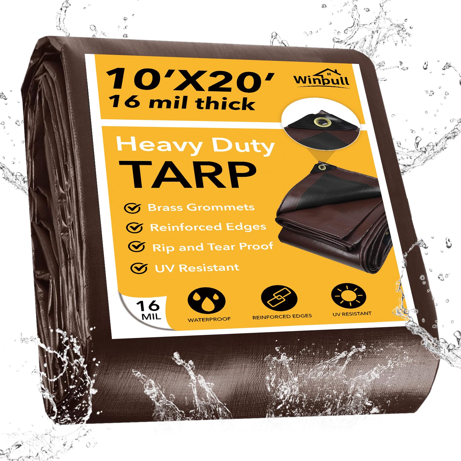 Winpull Tarp 10x20FT, 16 Mil Heavy Duty Waterproof Tarp, Large Tarp with Brass G