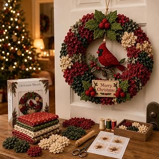 Christmas Wreath 3D Fabric Poke Art Kits for Adults (Christmas Bird) | Pre-Punched Crafts for Holiday Door Decor, No-Sew DIY Making Set