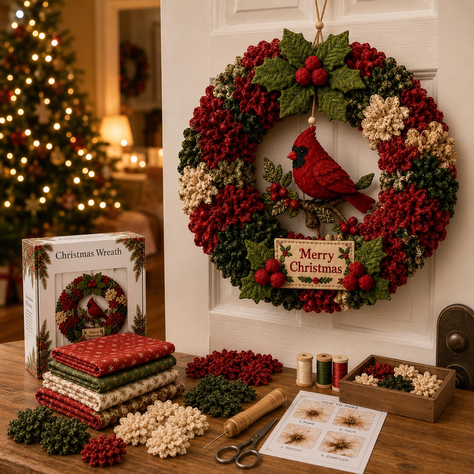 Christmas Wreath 3D Fabric Poke Art Kits for Adults (Christmas Bird) | Pre-Punch