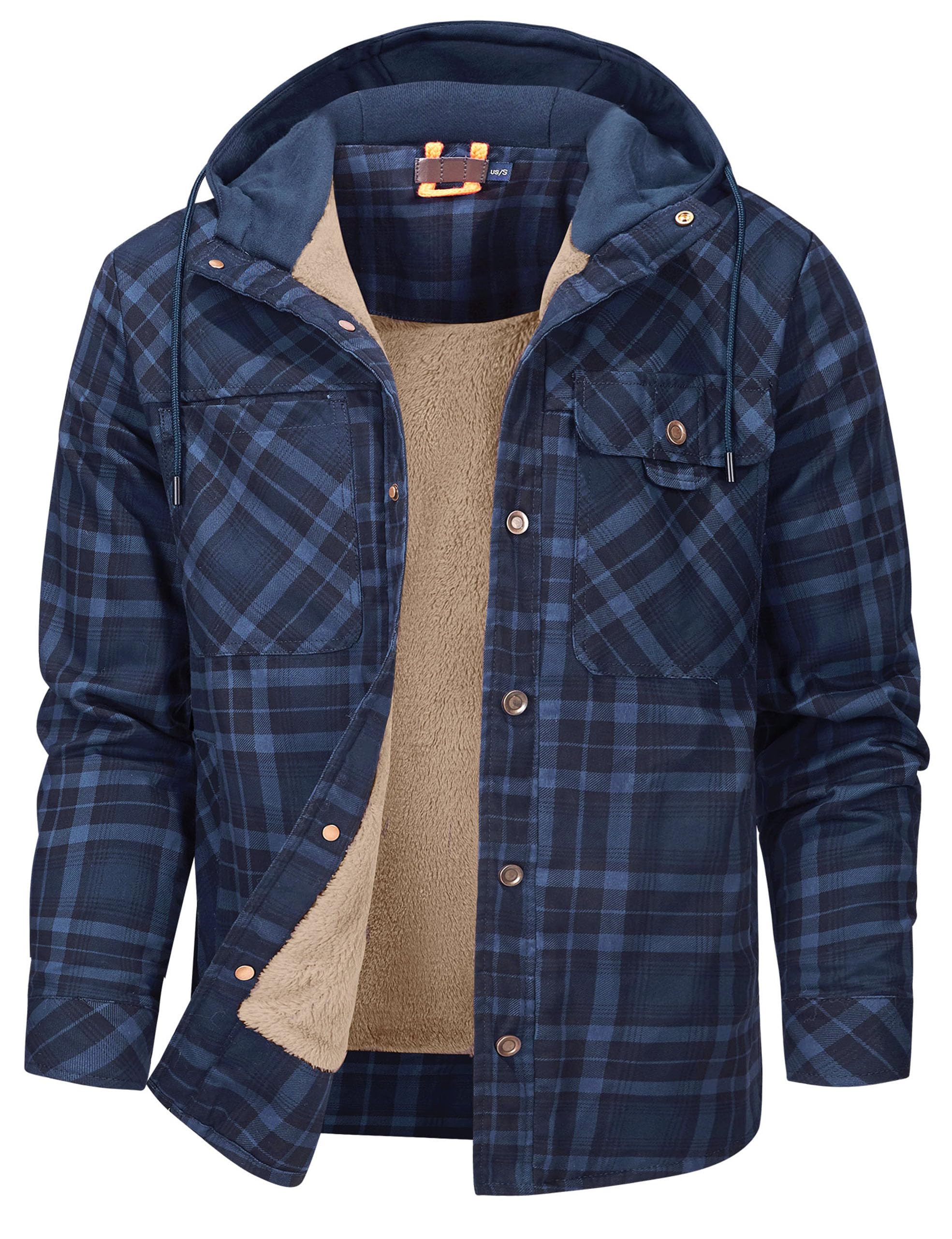 Flygo Buck Camp Men's Casual Sherpa Fleece Lined Jacket, 02 Hooded Dark Blue, XL