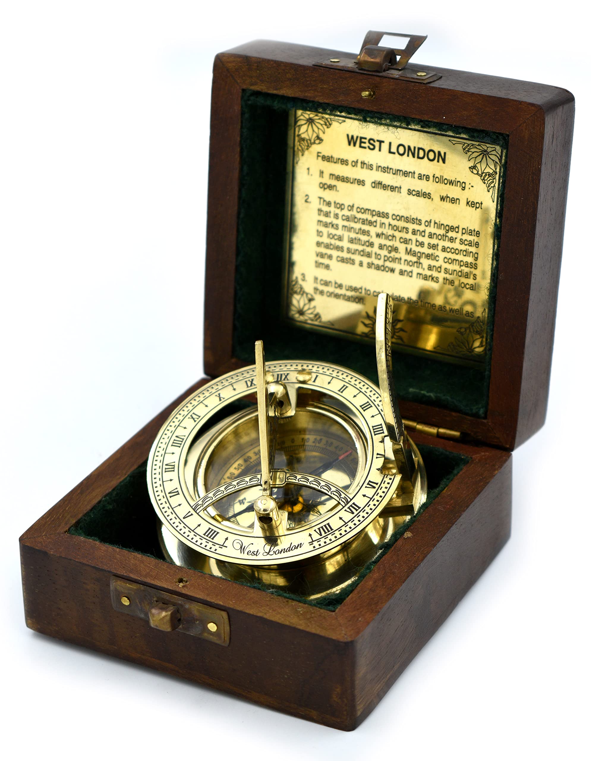SARA NAUTICAL Antique Brass Sundial Compass, Sundial Clock in Box Gift Sun Clock
