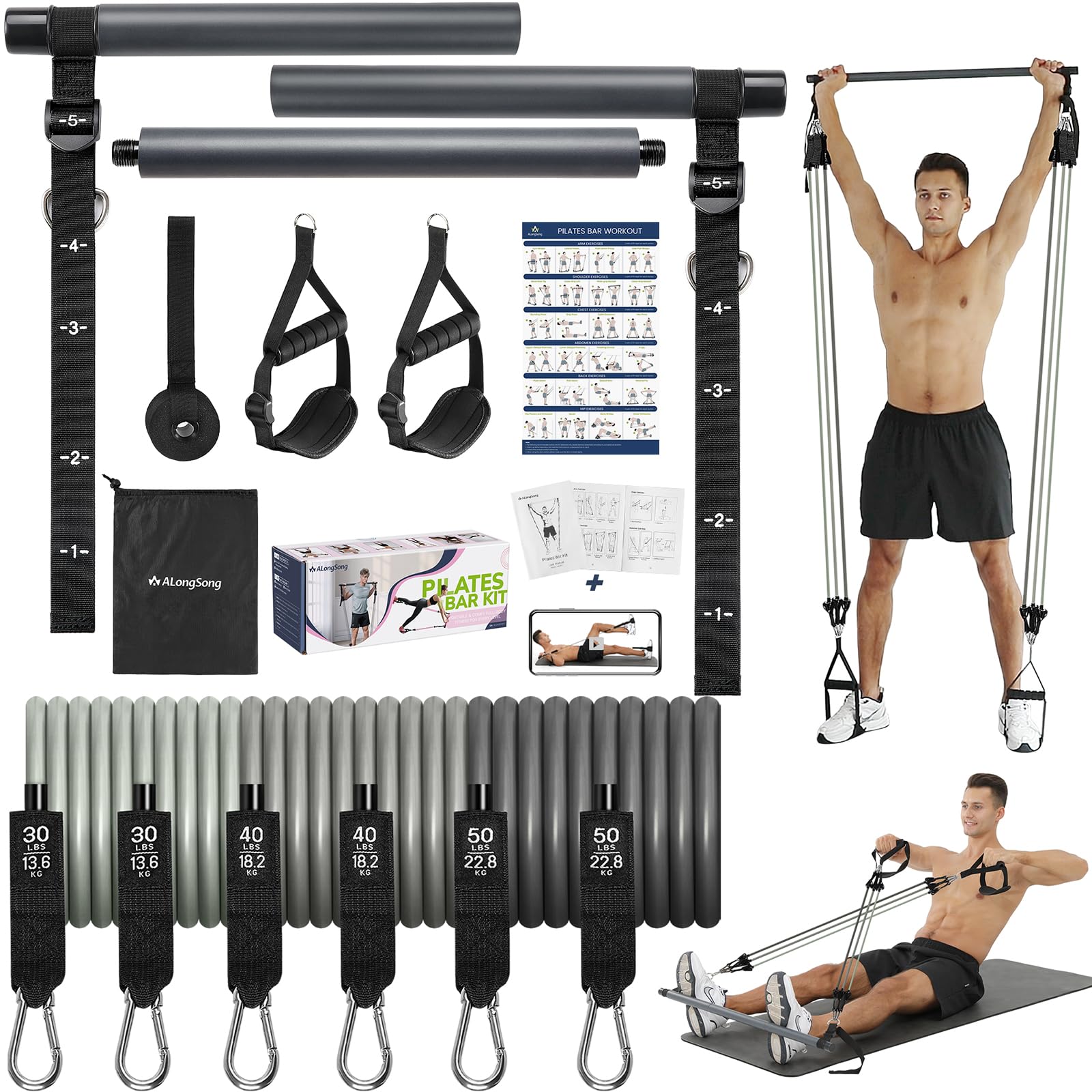 Upgraded Pilates Bar Kit with Resistance Bands Natural Latex for Women & Men, He
