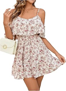 SOLY HUX Women's Summer Floral Mini Dress Cold Shoulder Ruffle Dresses