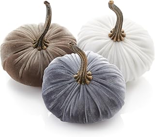 Velvet Pumpkins Set of 3 Small, Neutral Home Decor, Fall tablescape, Tiered Tray Centerpiece, Elegant Gift Set for Friend, Thanksgiving Centerpiece, Cozy Autumn Vibe, Hygge Home (Gray, Taupe, Ivory)