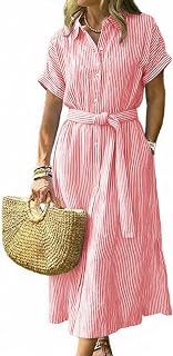 CHOUYATOU Women's Summer Boho Belted Striped Shirt Dress Casual Loose Short Sleeve Midi Long Beach Dress
