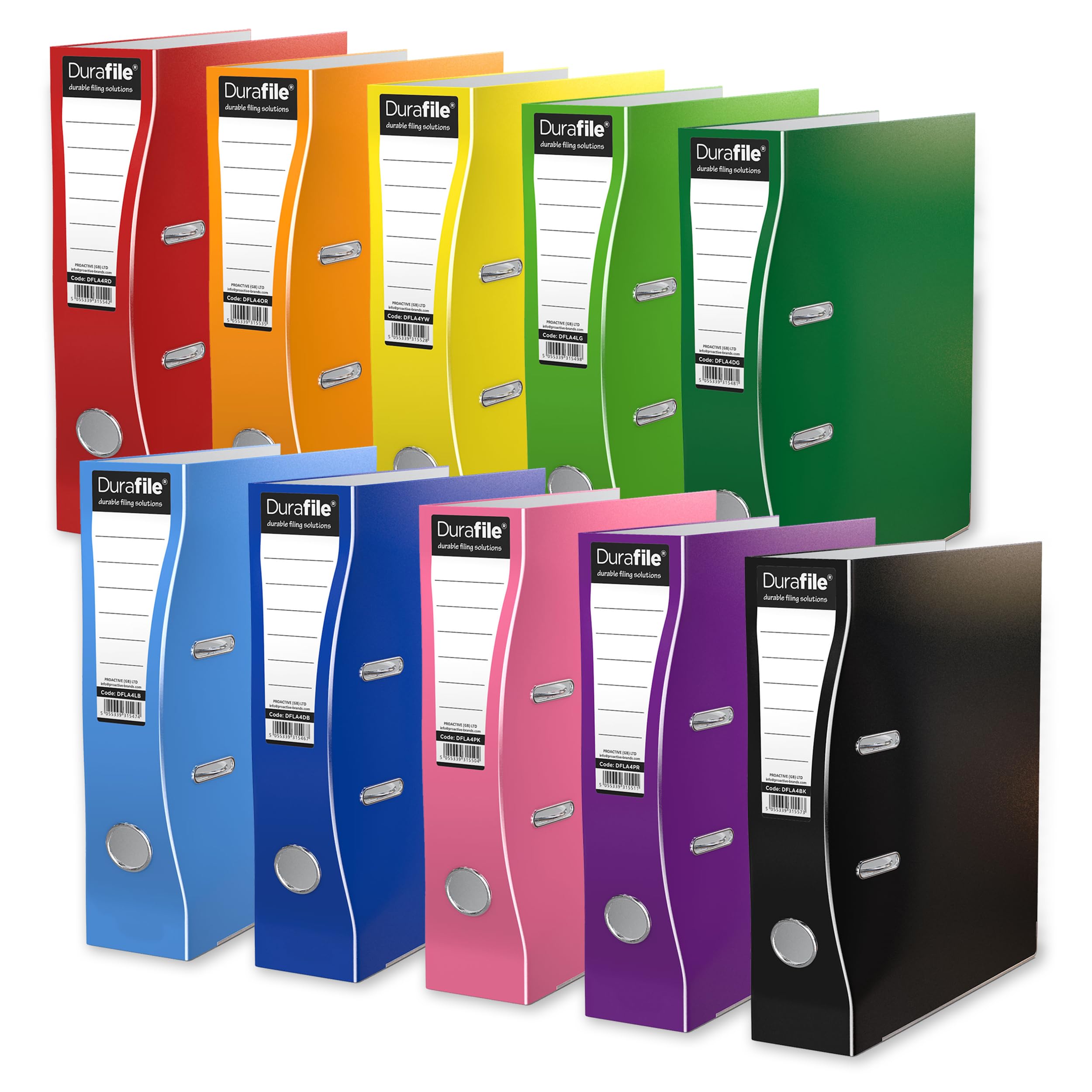 Lever Arch Files, Pack of 10 Folders Vibrant Assorted Colours, Heavy Duty Board 