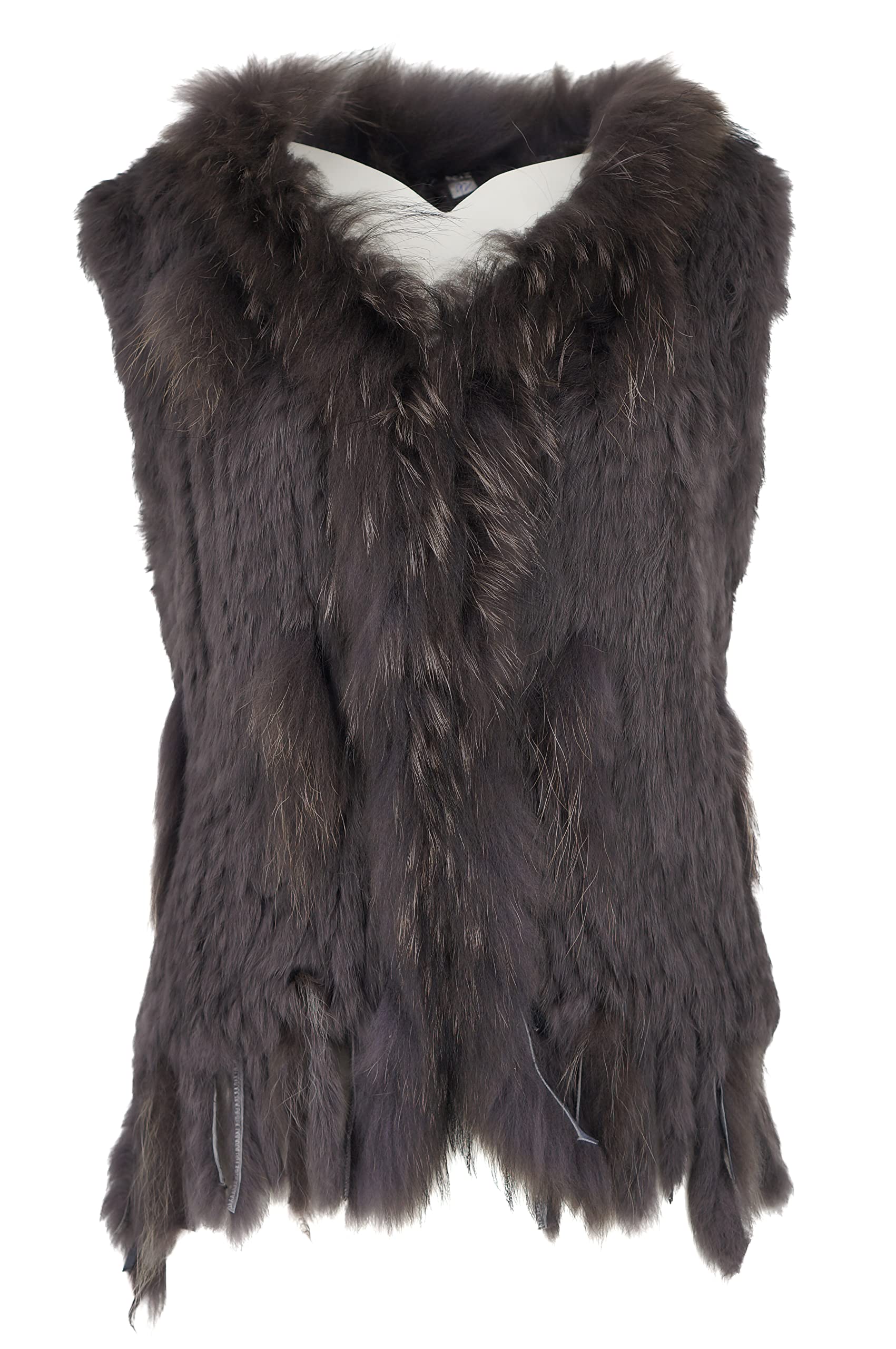 Women's 100% Natural Knit Rabbit Fur Vest With Raccoon Fur Collar