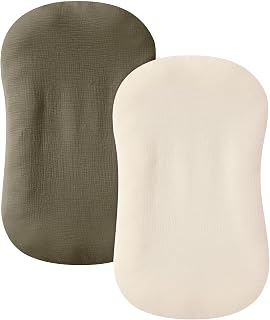 guruixu Muslin Baby Lounger Cover 2 Pack, 100% Cotton Infant Lounger Cover, Soft &amp; Breathable Replacement Slipcover, Compatible with Snuggle Me Newborn Lounger (Dark Olive,Cream)
