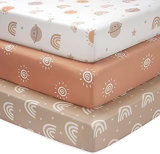 Mini Crib Sheets for Boys, Portable Graco Pack and Play Sheets with Corners for Mattresses 96.5 x 66cm, Pack of 3 in Soft Microfiber, Orange Rainbow Sun