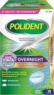 Polident Overnight Daily Denture Cleanser, 4 in 1 Cleaning System, Stain and Plaque Remover, Triple Mint Fresh, 96 Tablets (Packaging May Vary)