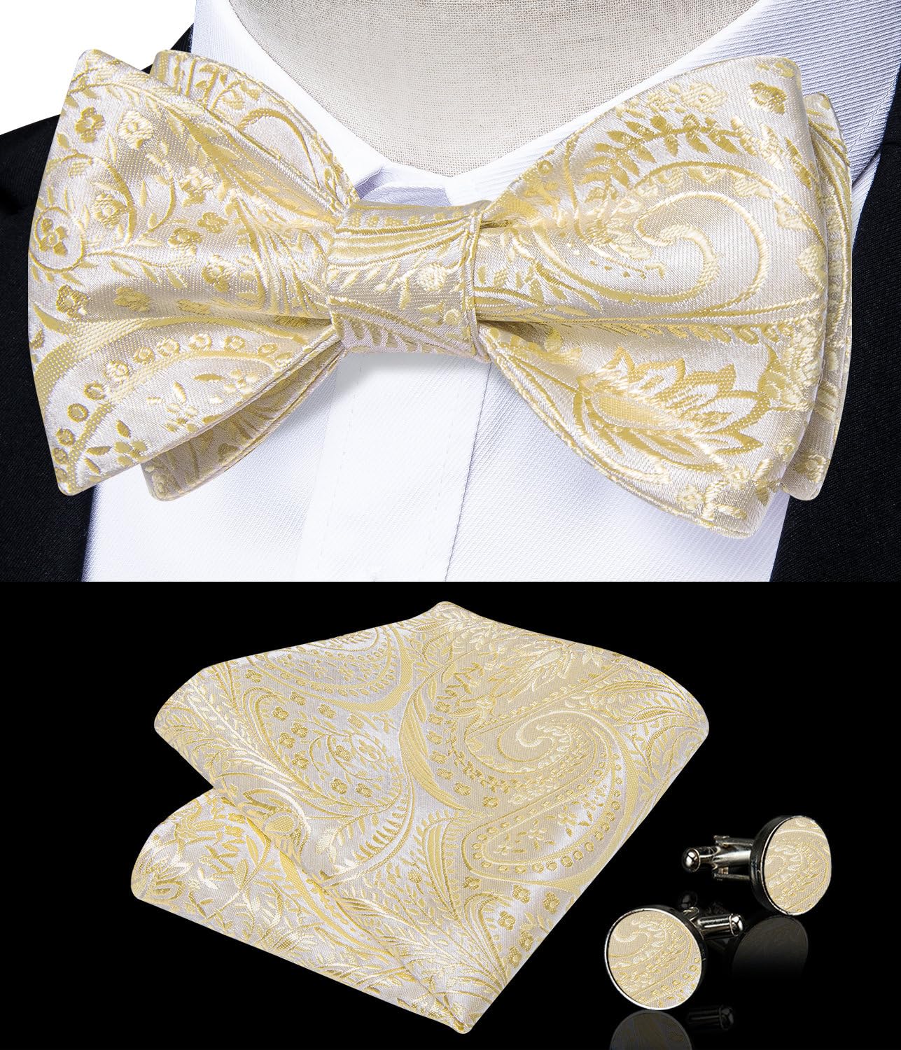 Mens Self Bowtie and Pocket Square Cufflinks Set for Men Tuxedo Wedding