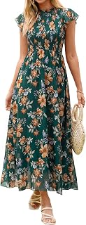 BerryGo Womens Boho Floral Maxi Dress Ruffle Sleeve Chiffon Flowy Wedding Guest Dress Smocked Waist Modest Western Dress
