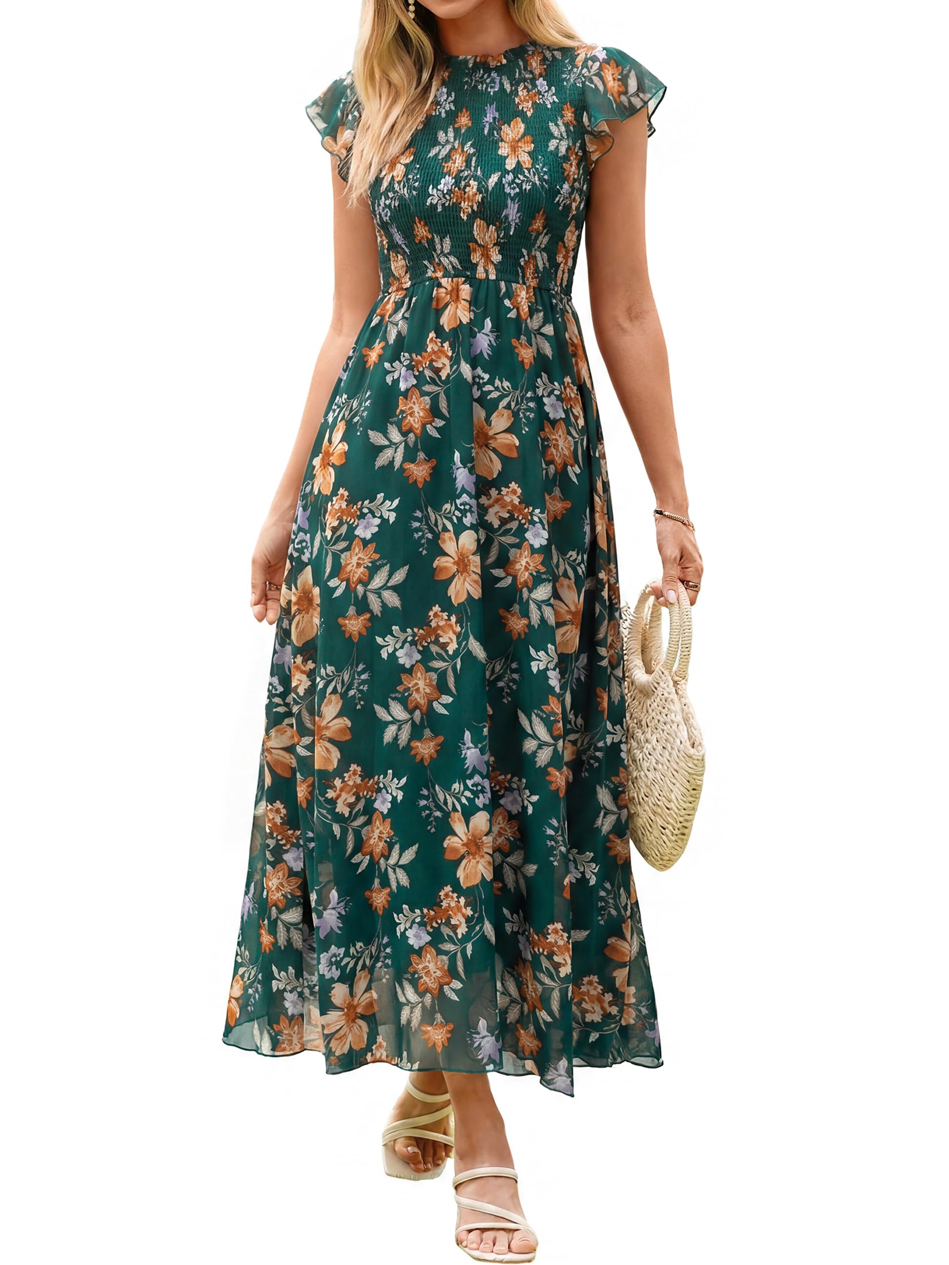 BerryGo Womens Boho Floral Maxi Dress Ruffle Sleeve Chiffon Flowy Wedding Guest 
