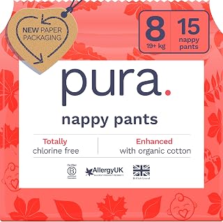 Pura Nappy Pants Size 8 (19kg+) 15 Count Sensitive Skin | 360° Stretchy Fit, Easy Pull Up & Down, Cloud Soft™ for Sensitive Skin, Totally Chlorine Free*, Allergy UK Certified