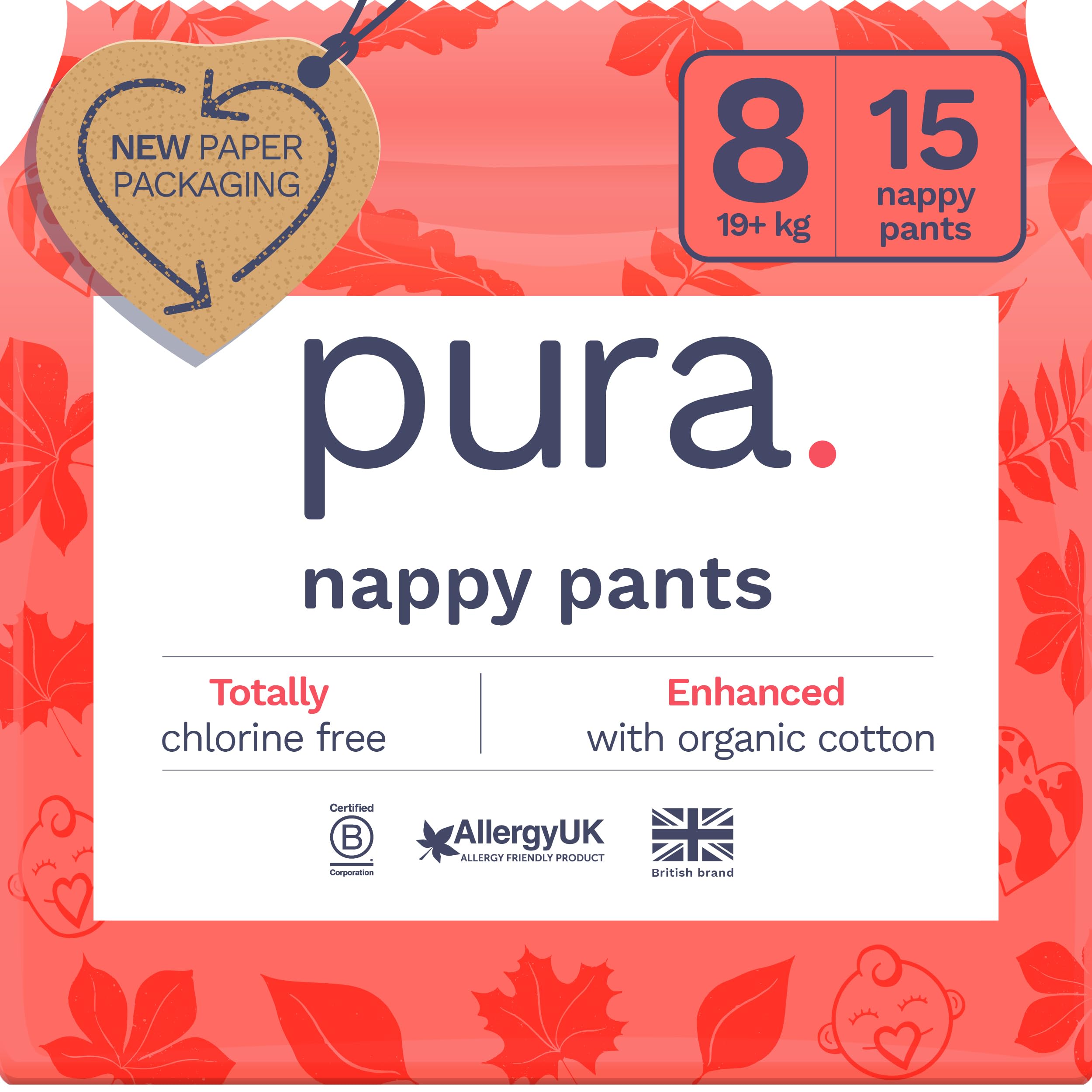 Pura Nappy Pants Size 8 (19kg+) 15 Count Sensitive Skin | 360° Stretchy Fit, Eas