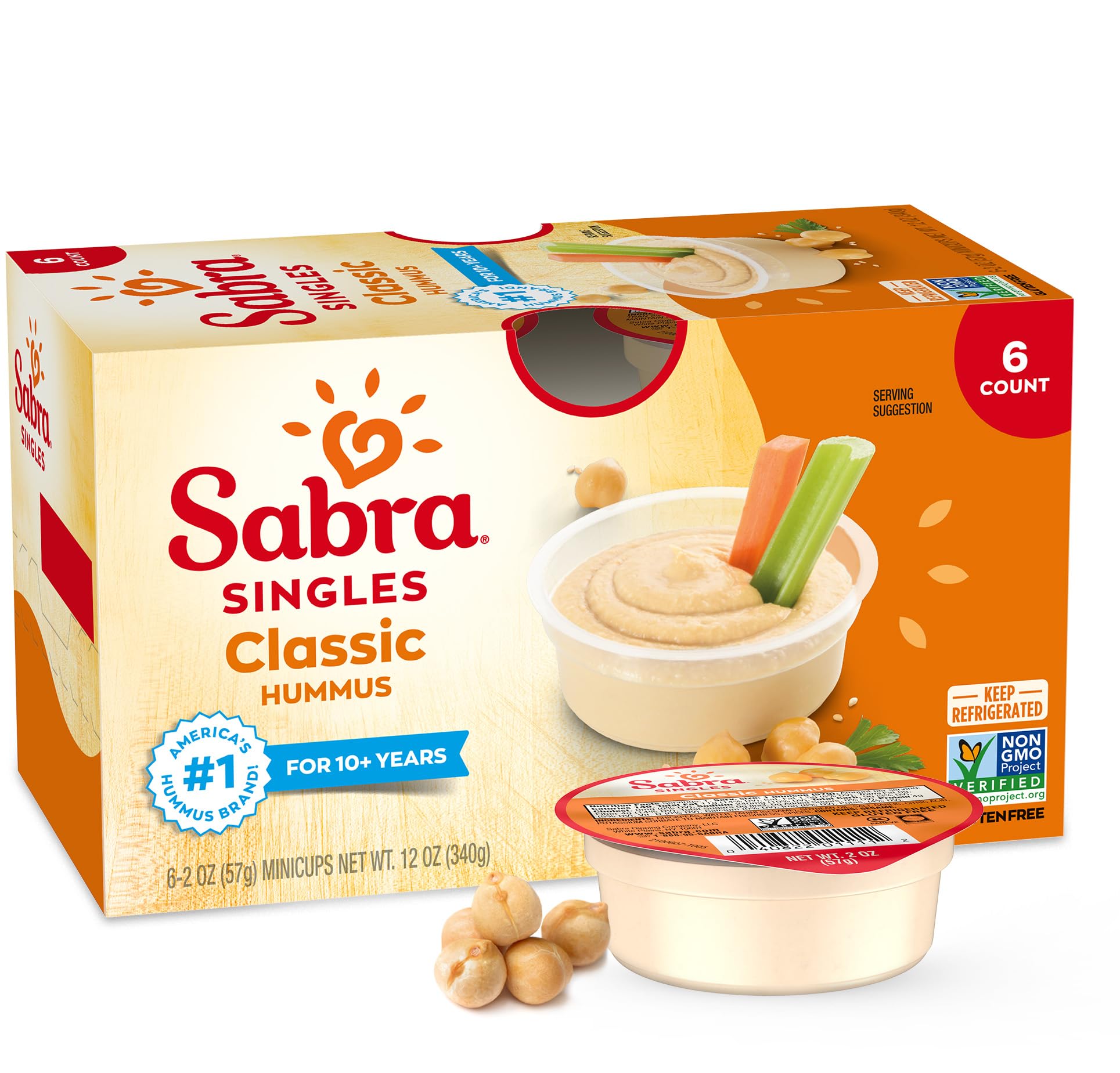 Sabra Singles Classic Hummus Dip - Snacks To Go - 2 Oz (6 Pack) | Individual Hum