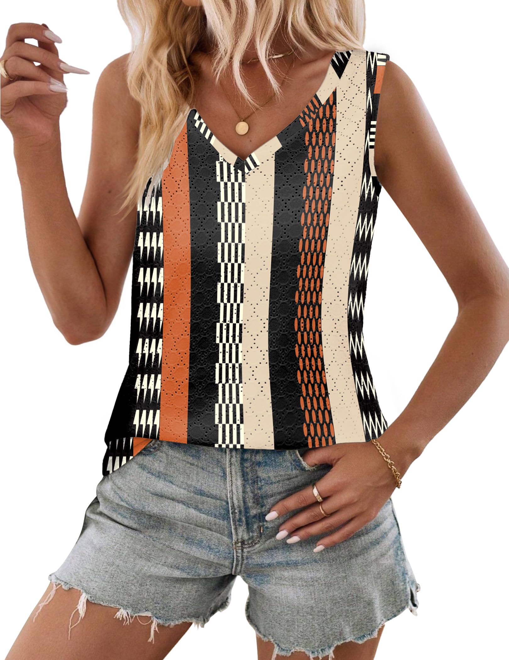 Zeagoo Women's Tank Tops with Eyelets Sleeveless V-Neck Cute Summer Loose Fit S-