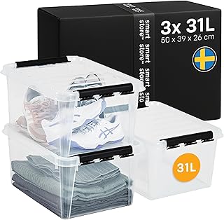 SmartStore Storage Box with Lid, 32 Litres, Pack of 3, Reinforced, Large, Transparent, Food Safe, with Clip Closure, Stackable, BPA-Free Plastic, 50 x 39 x 26 cm (L x W x H)