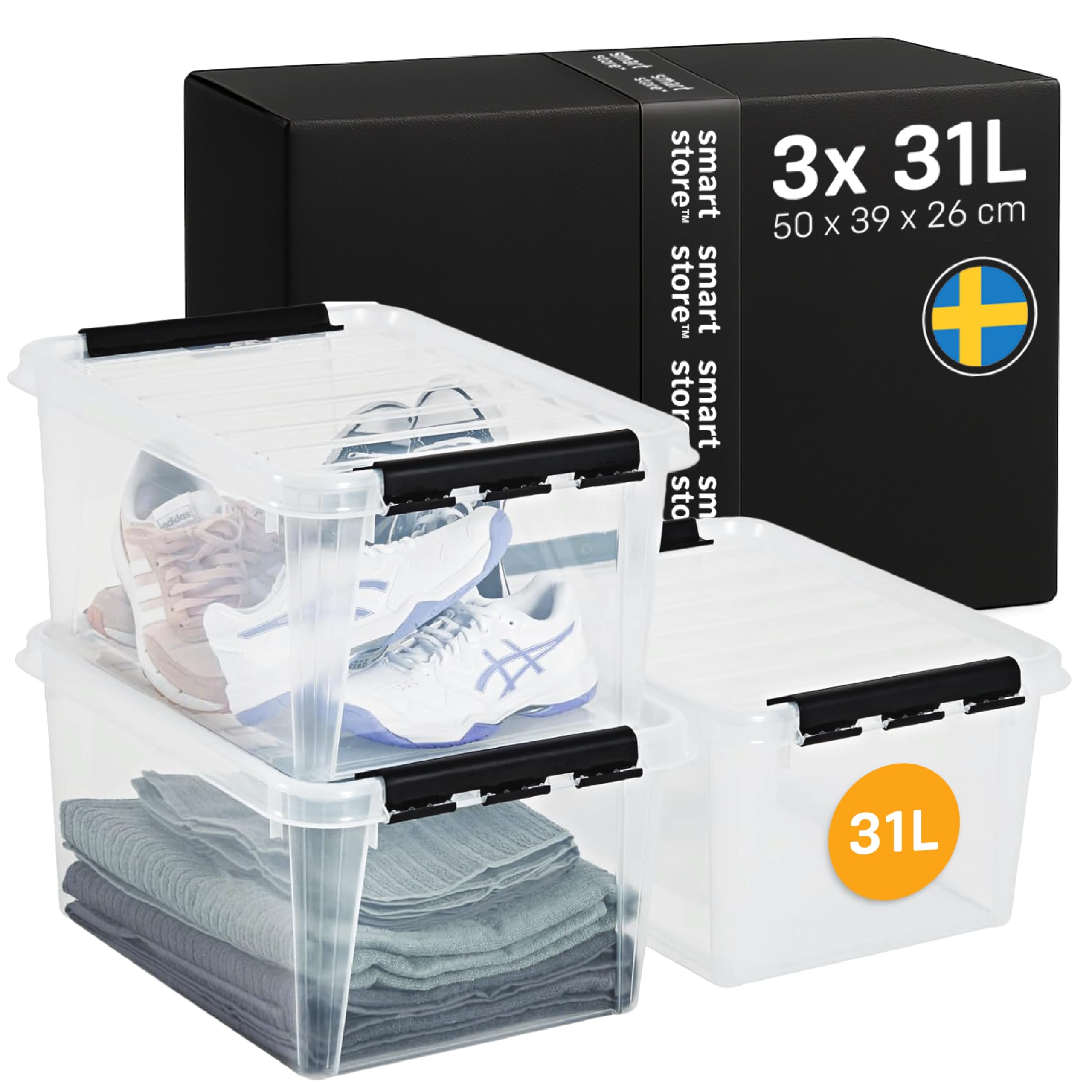 SmartStore Storage Box with Lid, 32 Litres, Pack of 3, Reinforced, Large, Transp