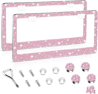 Amiss Bling License Plate Frame for Women, 2Pack Rhinestone Handcrafted Crystal Premium Stainless Steel, Stainless Steel Car Accessories with Diamond Sparkle Glitter Caps (Pink)