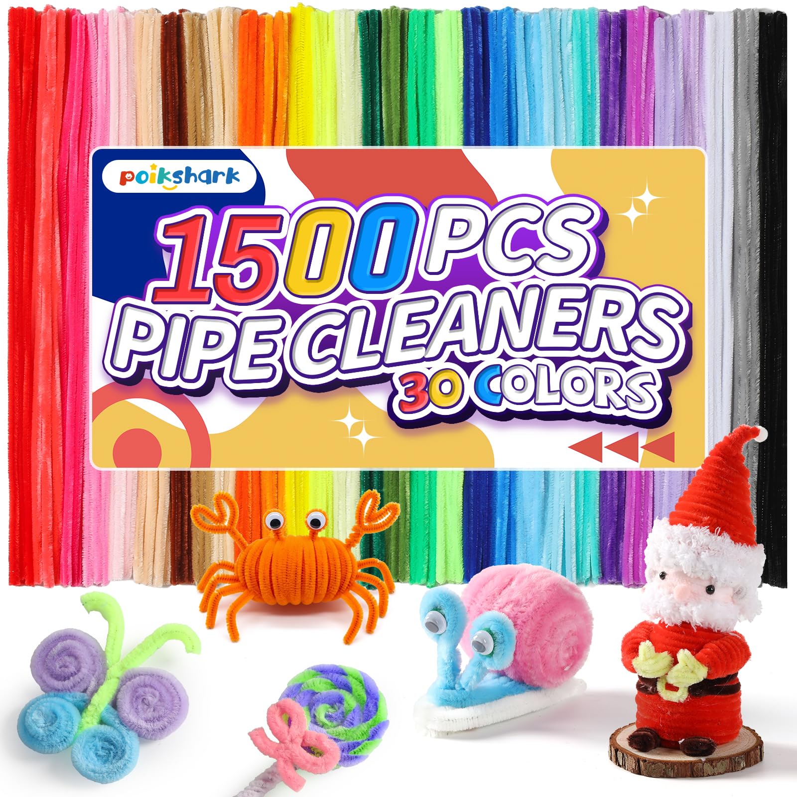 POIKSHARK 1500 PCS 30 Colors Quality Pipe Cleaners Bulk, Thick Pipe Cleaners Cra