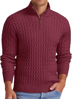 Askdeer Men's Quarter Zip Pullover Sweater Cable Knit Mock Neck Polo Sweater Classic Casual Sweater with Ribbing Edge